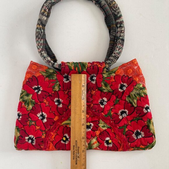 Handmade Red Floral Brocade Fabric Handbag With Loop and Hook Closure - Picture 7 of 7